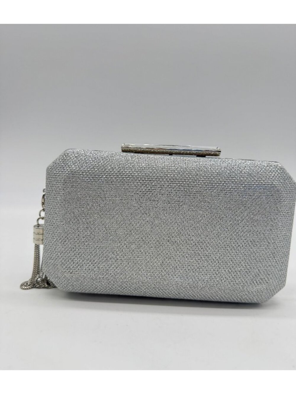 NINA geometric minaudiere side tassel women's box clutch evening purse in Silver - Picture 2 of 5